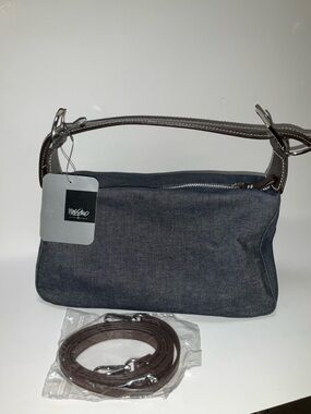 Mossimo DENIM Hobo shoulder bag brown strap Top Handle Gray Denim w/ Brown Trim